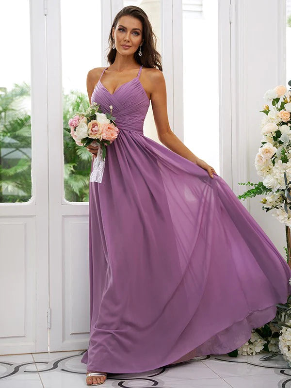 A-Line Princess Chiffon Ruched V-neck Sleeveless Floor-Length Bridesmaid Dresses