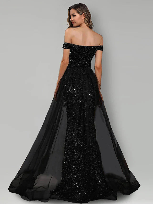 Evening Gown Black Dress Formal Sweep / Brush Train Sleeveless Off Shoulder Tulle with Sequin