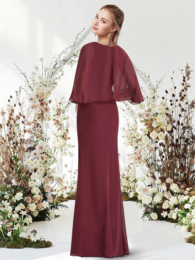 Evening Dress Jewel Neck Half Sleeve Floor Length Chiffon with Sash / Ribbon