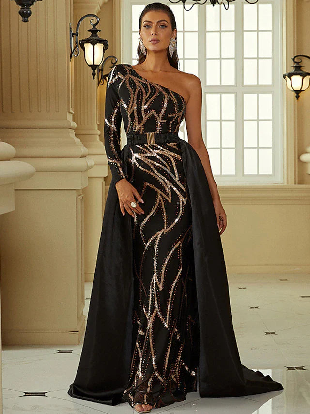 Evening Gown Sexy Dress Formal Court Train Long Sleeve One Shoulder Polyester with Sequin