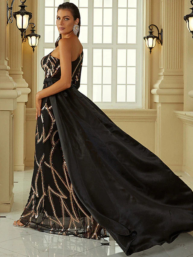 Evening Gown Sexy Dress Formal Court Train Long Sleeve One Shoulder Polyester with Sequin