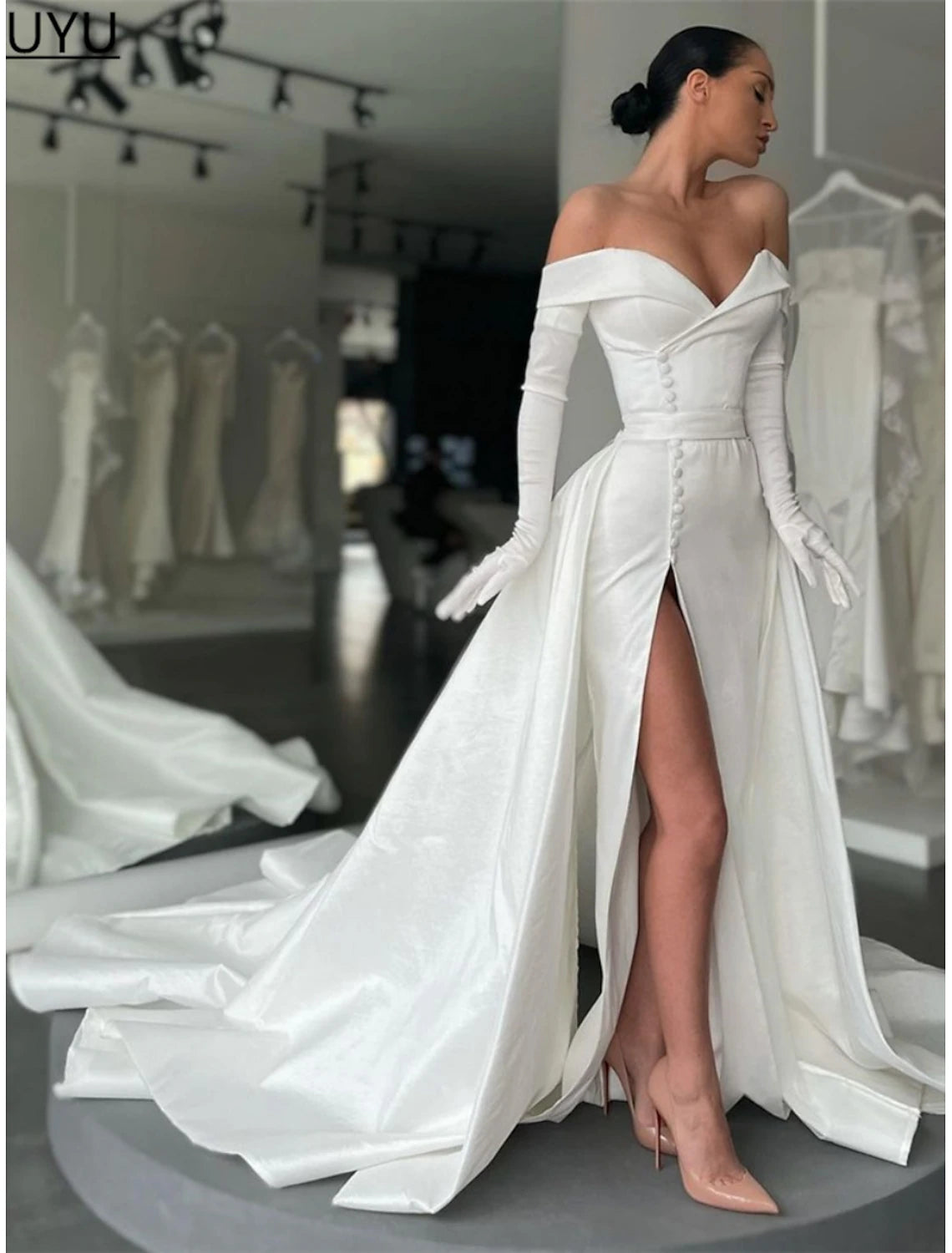 A-Line Evening Gown Elegant Dress Formal Court Train Long Sleeve Off Shoulder Satin
