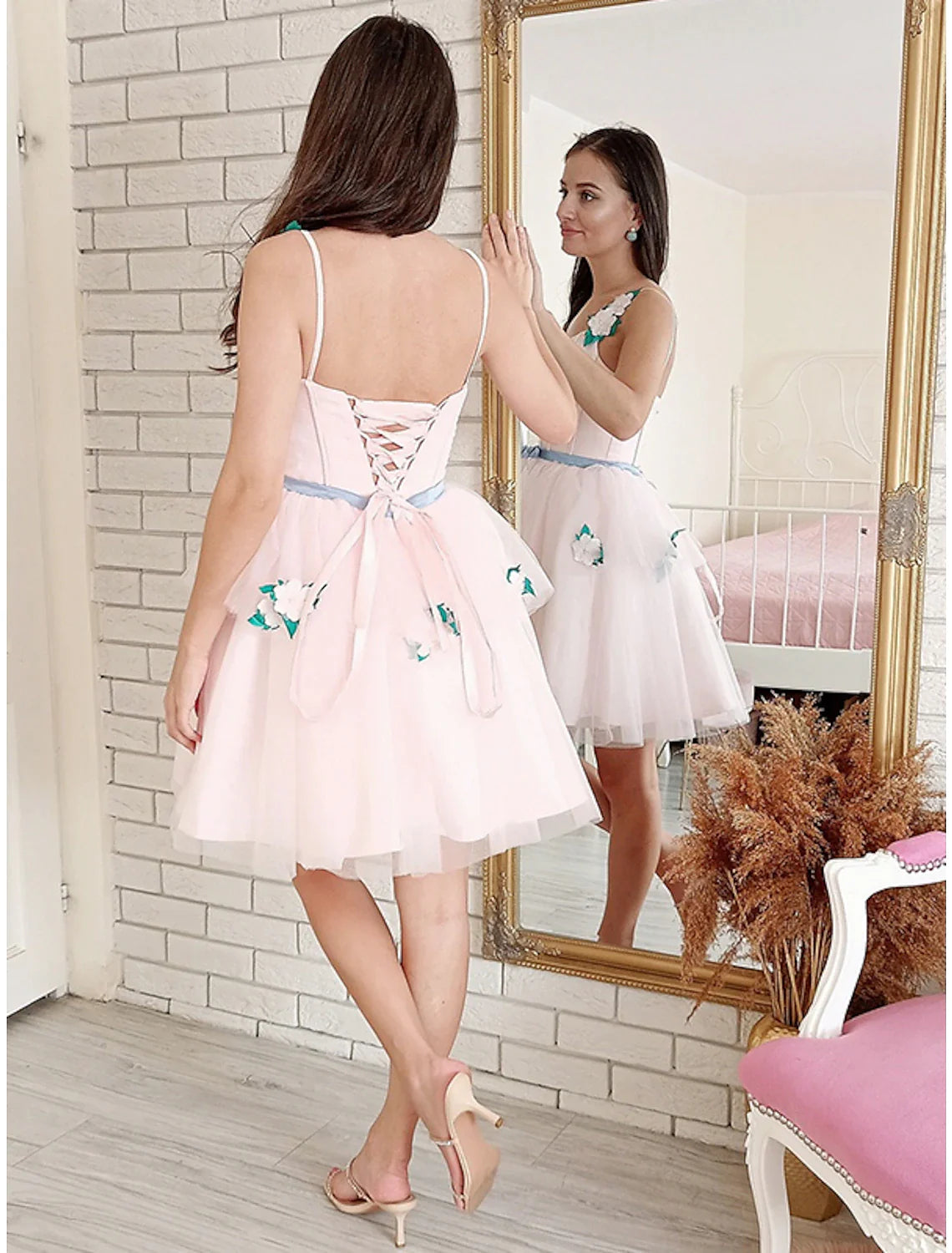 A-Line Prom Dresses Floral Dress Party Wear Short / Mini Sleeveless Strapless Wednesday Addams Family Lace Backless with Appliques