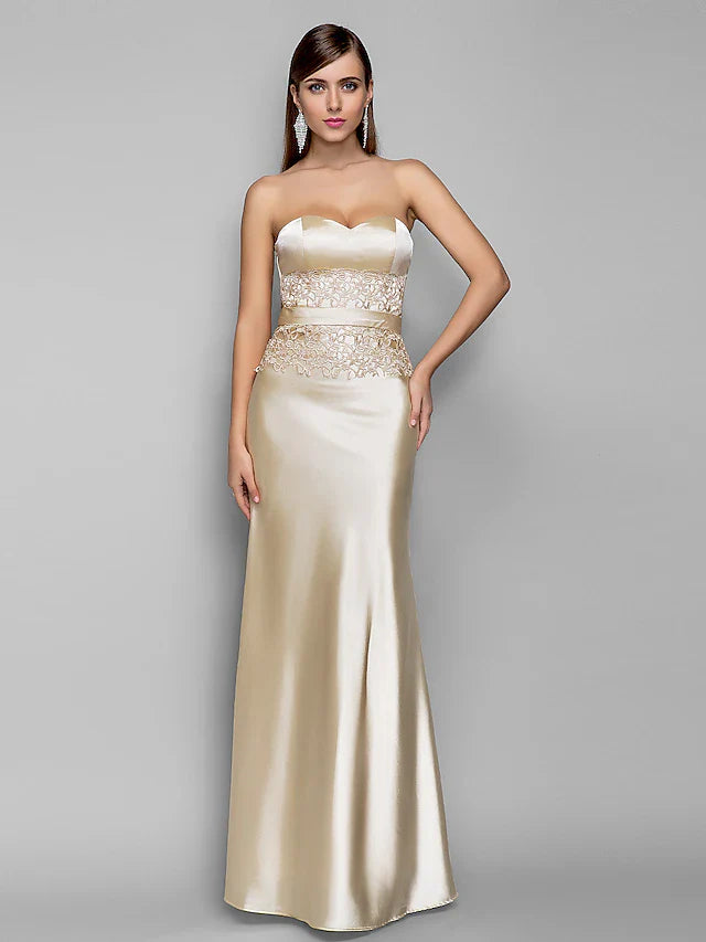 Evening Gown Open Back Dress Wedding Guest Floor Length Sleeveless Sweetheart Stretch Satin with Appliques