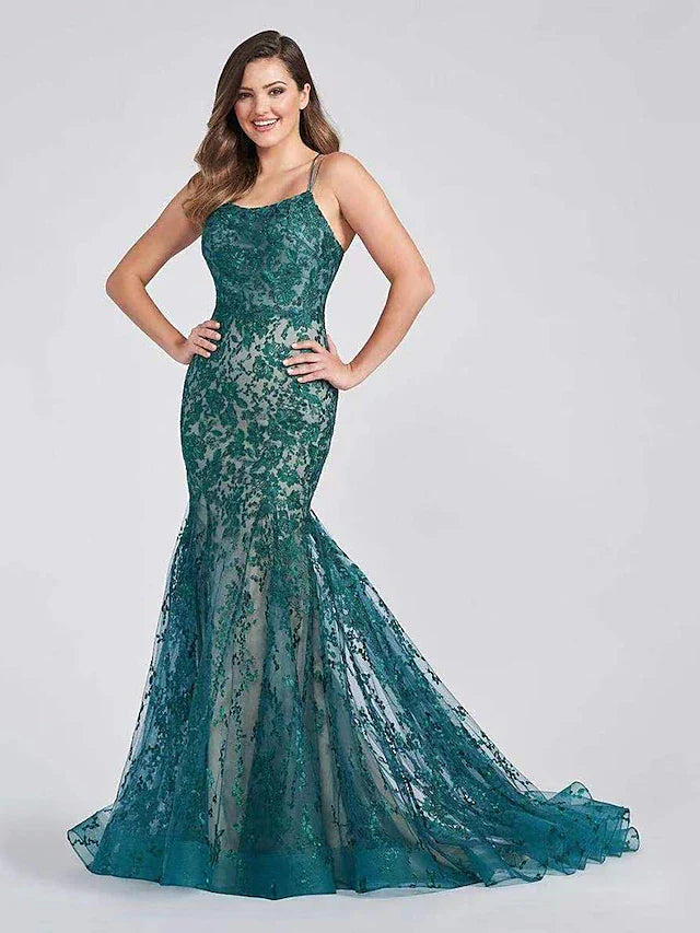 Evening Gown Color Block Dress Formal Court Train Sleeveless Spaghetti Strap Lace Backless with Appliques