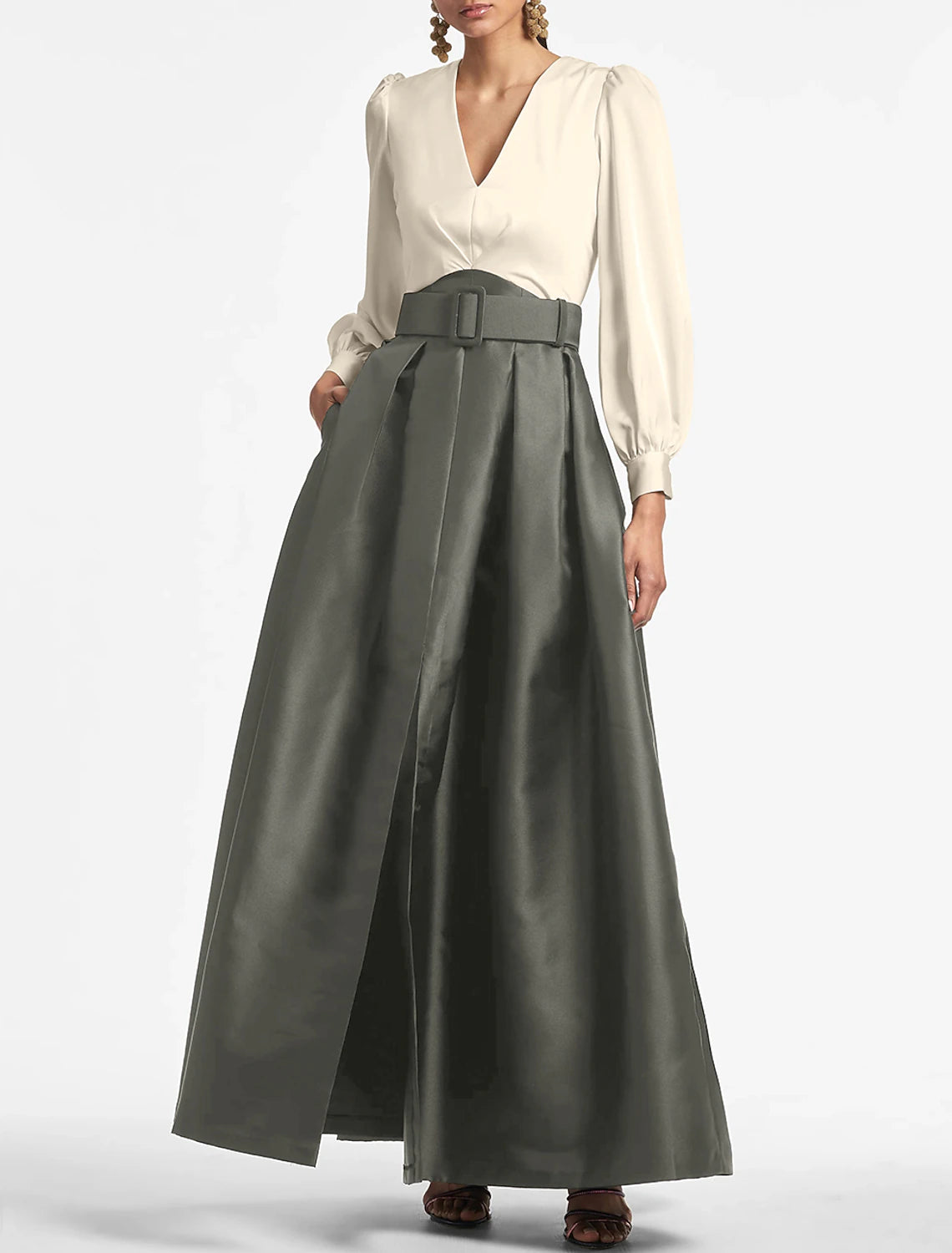 A-Line Evening Gown Party Dress Elegant Dress Formal Wedding Guest Floor Length Short Sleeve V Neck Belt / Sash Satin