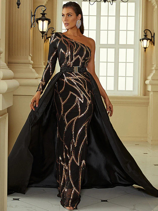 Evening Gown Sexy Dress Formal Court Train Long Sleeve One Shoulder Polyester with Sequin