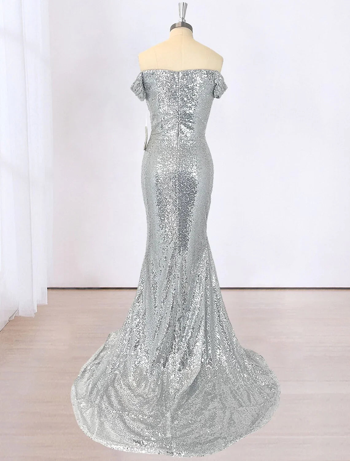 Evening Gown Sparkle & Shine Dress Cocktail Party Floor Length Short Sleeve Off Shoulder Sequined with Ruched