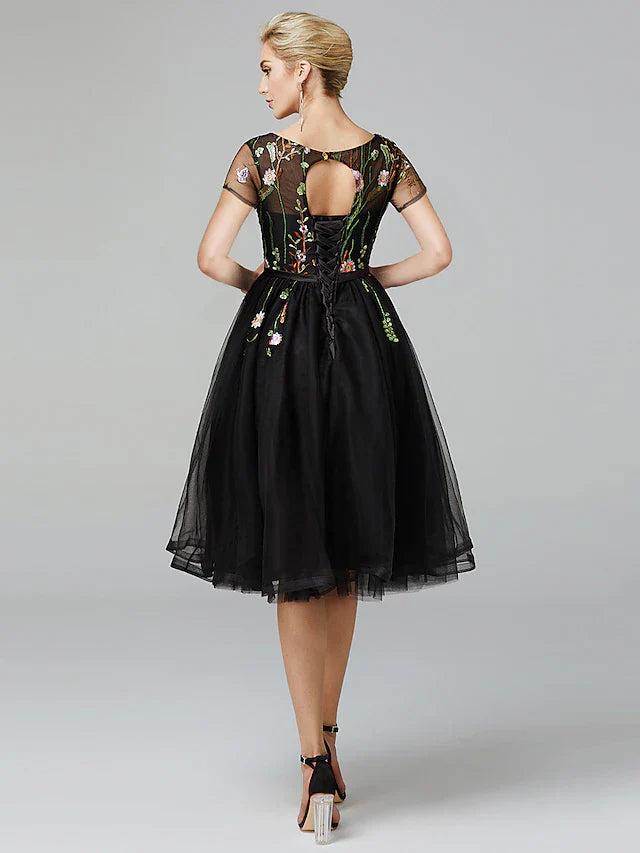 Evening Dress Illusion Neck Short Sleeve Knee Length Lace with Pleats Appliques