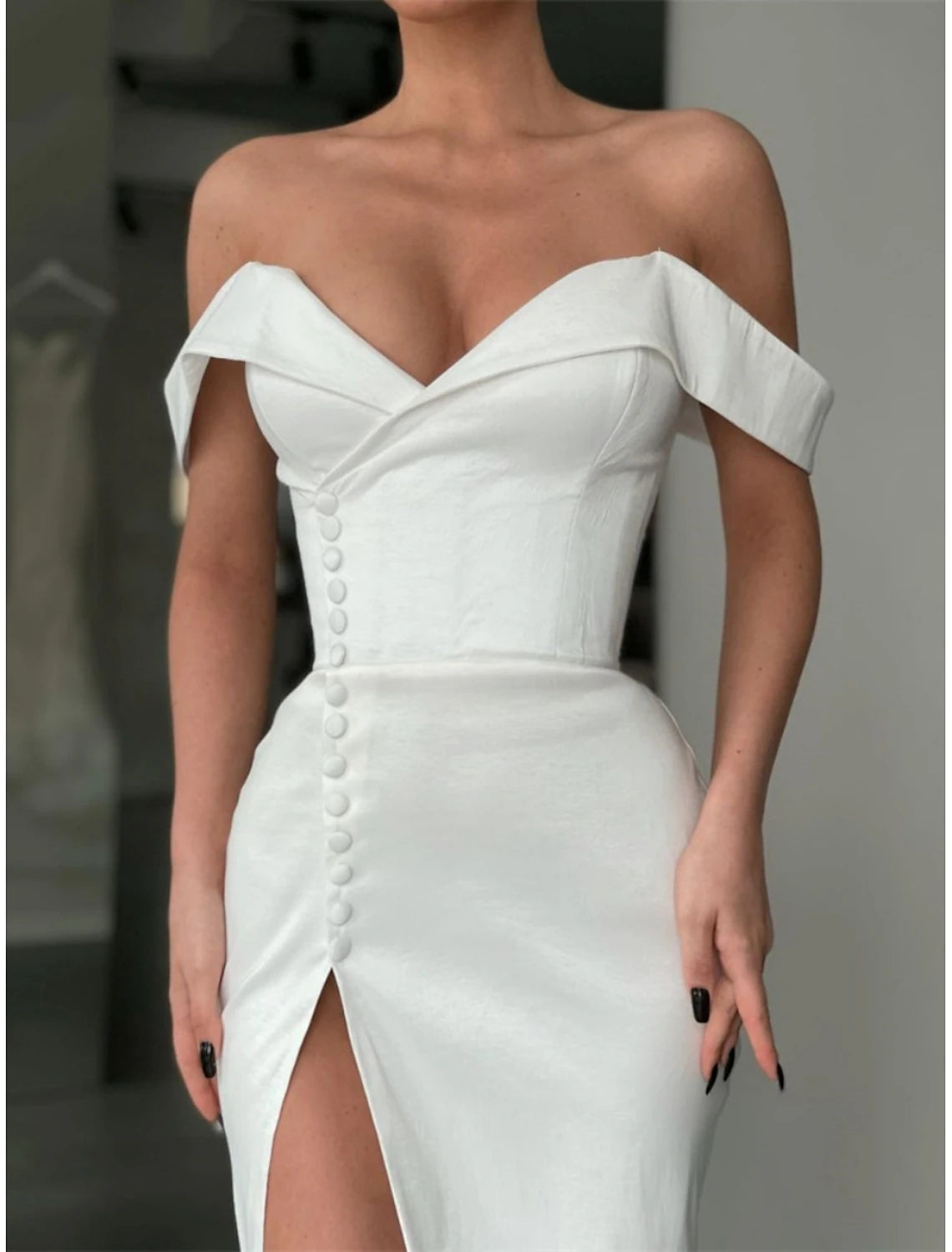 A-Line Evening Gown Elegant Dress Formal Court Train Long Sleeve Off Shoulder Satin