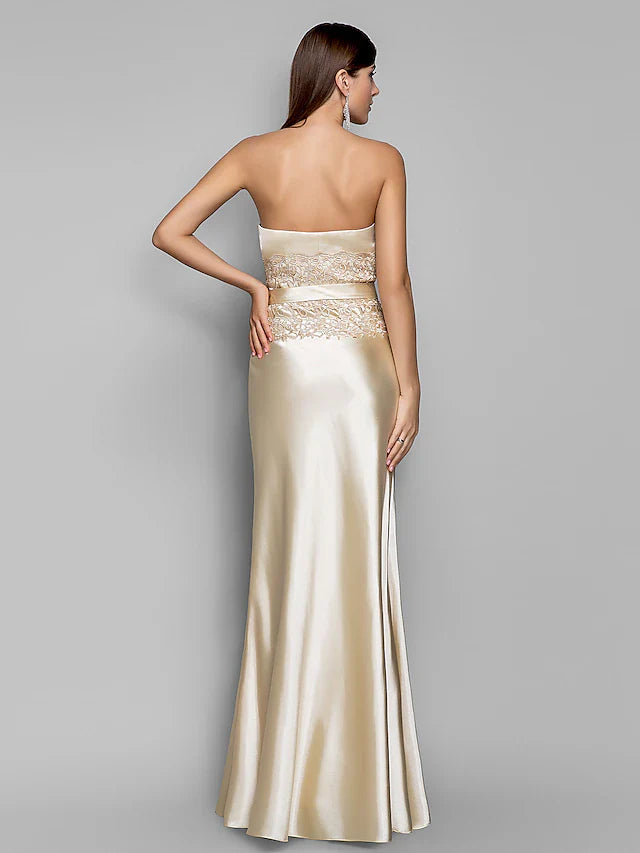 Evening Gown Open Back Dress Wedding Guest Floor Length Sleeveless Sweetheart Stretch Satin with Appliques