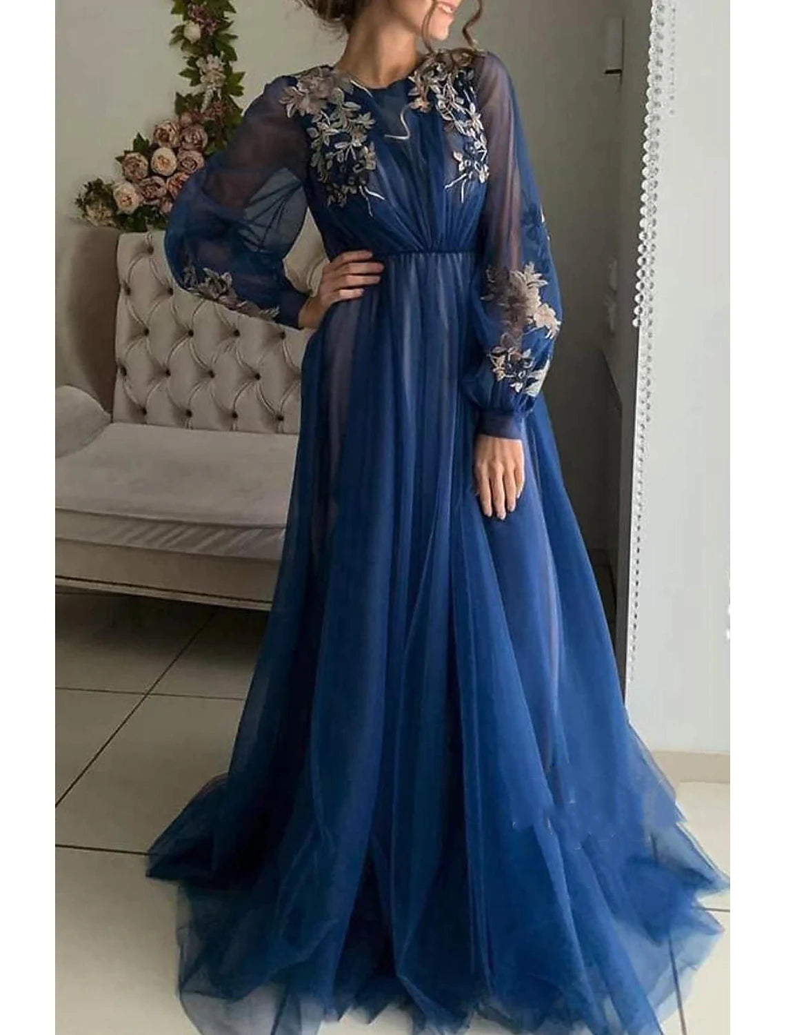 A-Line Evening Gown Floral Dress Wedding Guest Birthday Sweep / Brush Train Long Sleeve Jewel Neck Tulle