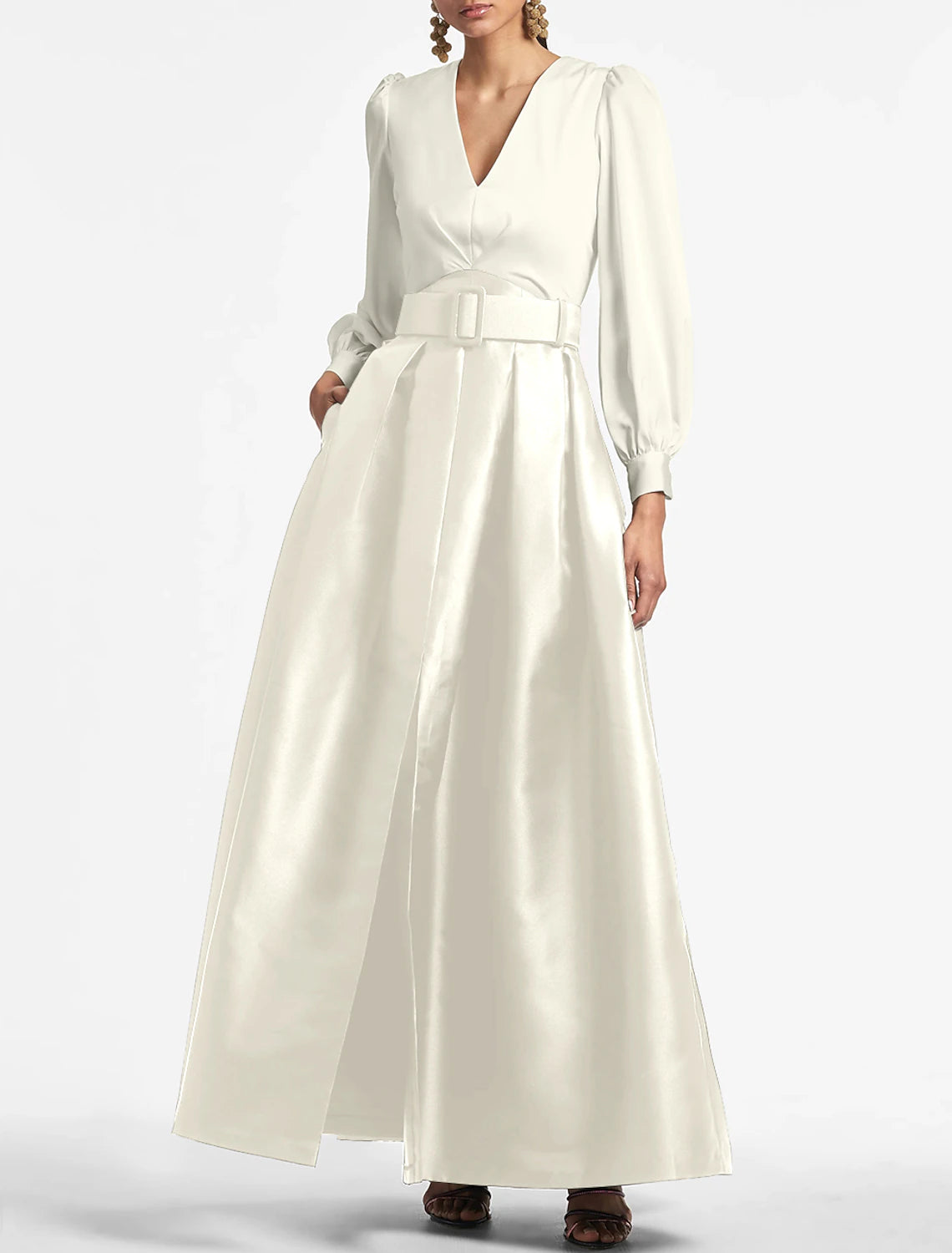 A-Line Evening Gown Party Dress Elegant Dress Formal Wedding Guest Floor Length Short Sleeve V Neck Belt / Sash Satin
