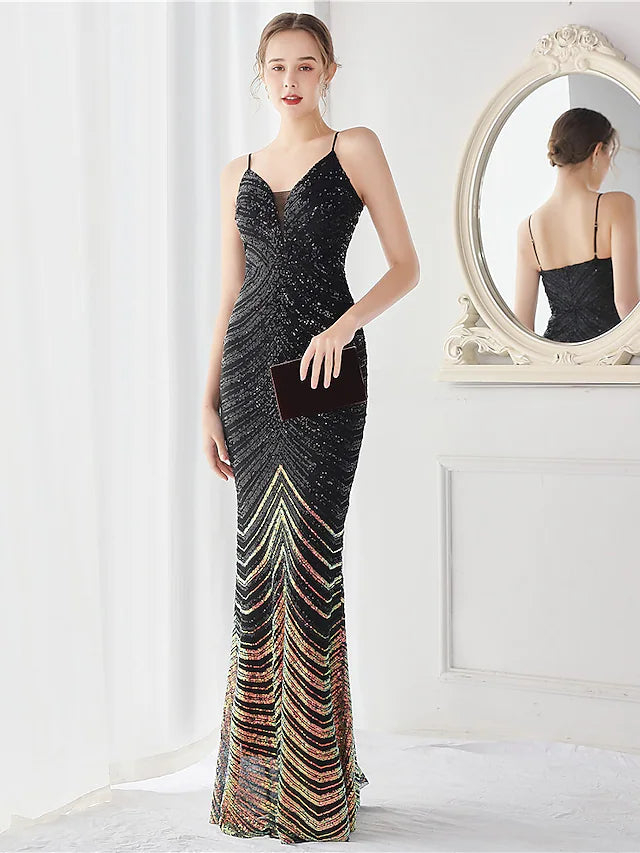 Evening Gown Elegant Dress Wedding Guest Floor Length Sleeveless Spaghetti Strap Sequined V Back with Sequin