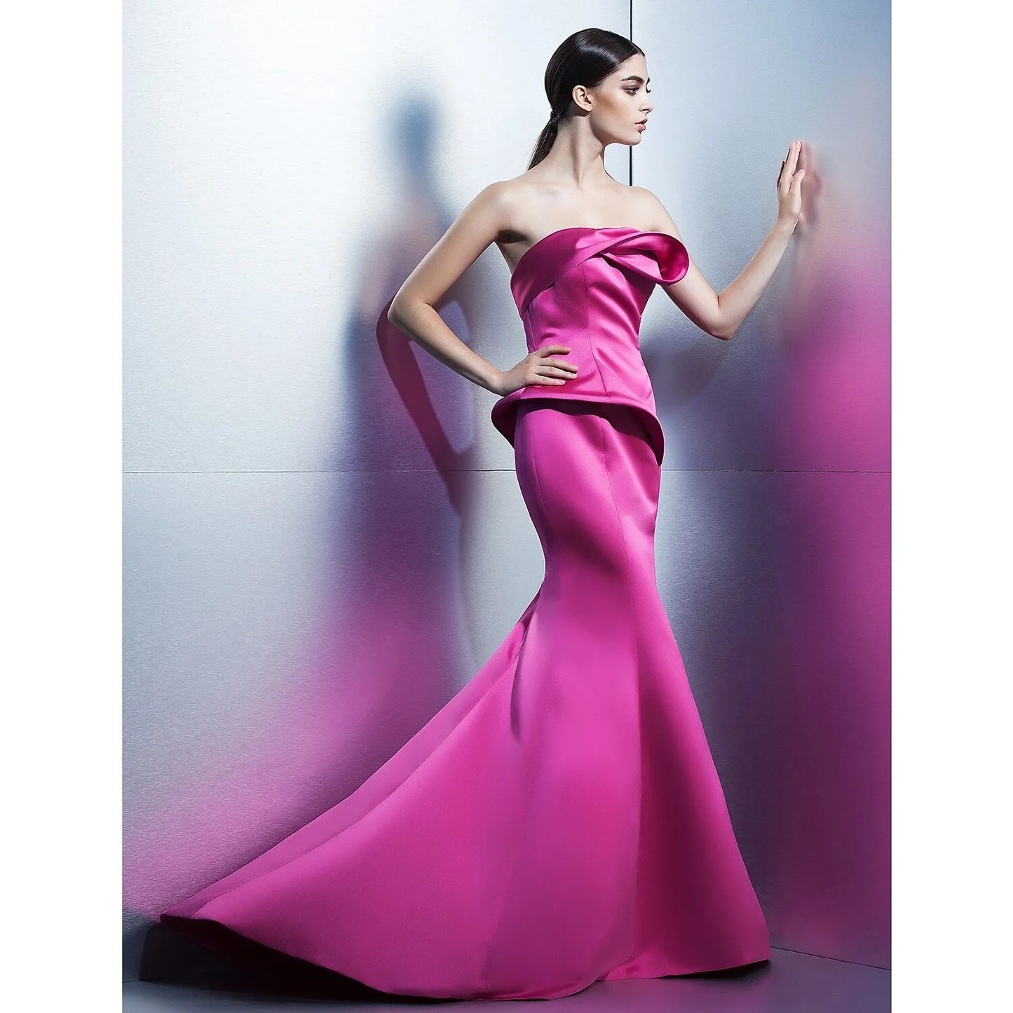 Evening Dress Strapless Sleeveless Sweep / Brush Train Satin with Flower