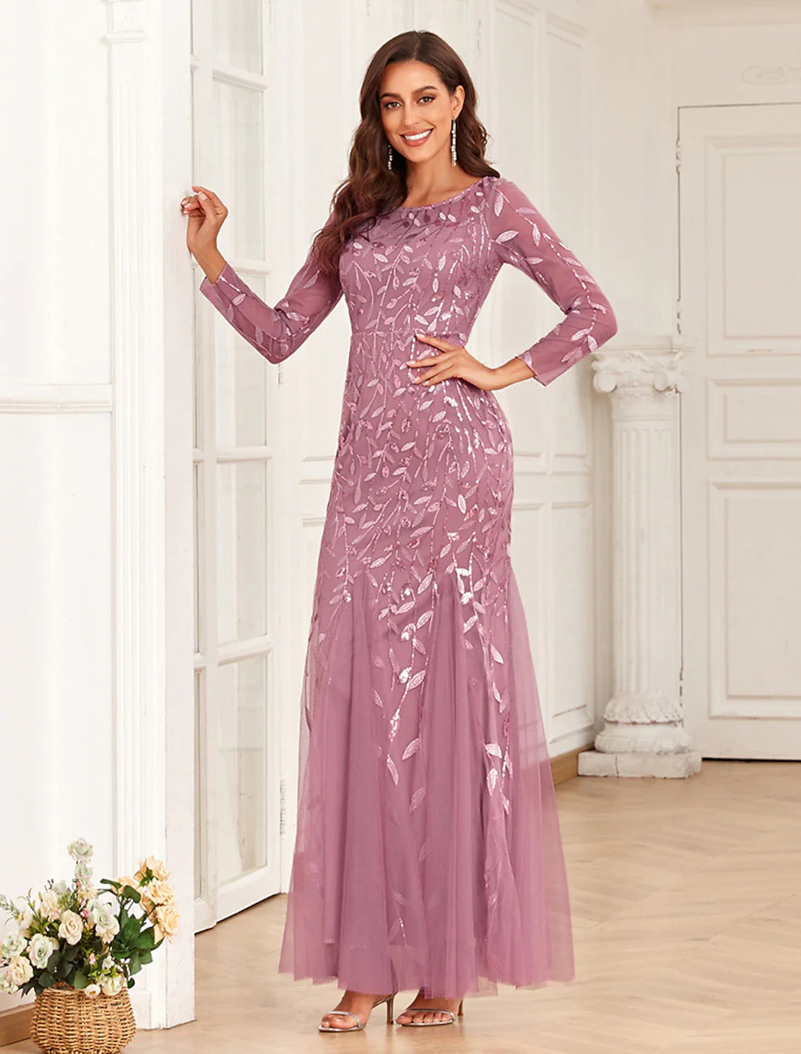 Evening Gown Elegant Dress Prom Floor Length Long Sleeve Jewel Neck Tulle with Embroidery
