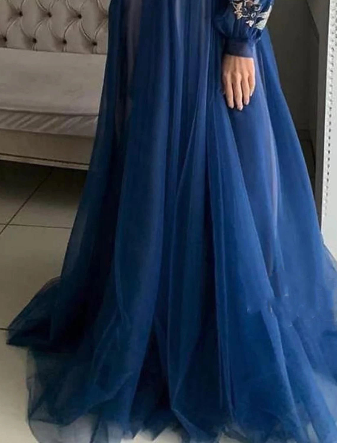 A-Line Evening Gown Floral Dress Wedding Guest Birthday Sweep / Brush Train Long Sleeve Jewel Neck Tulle