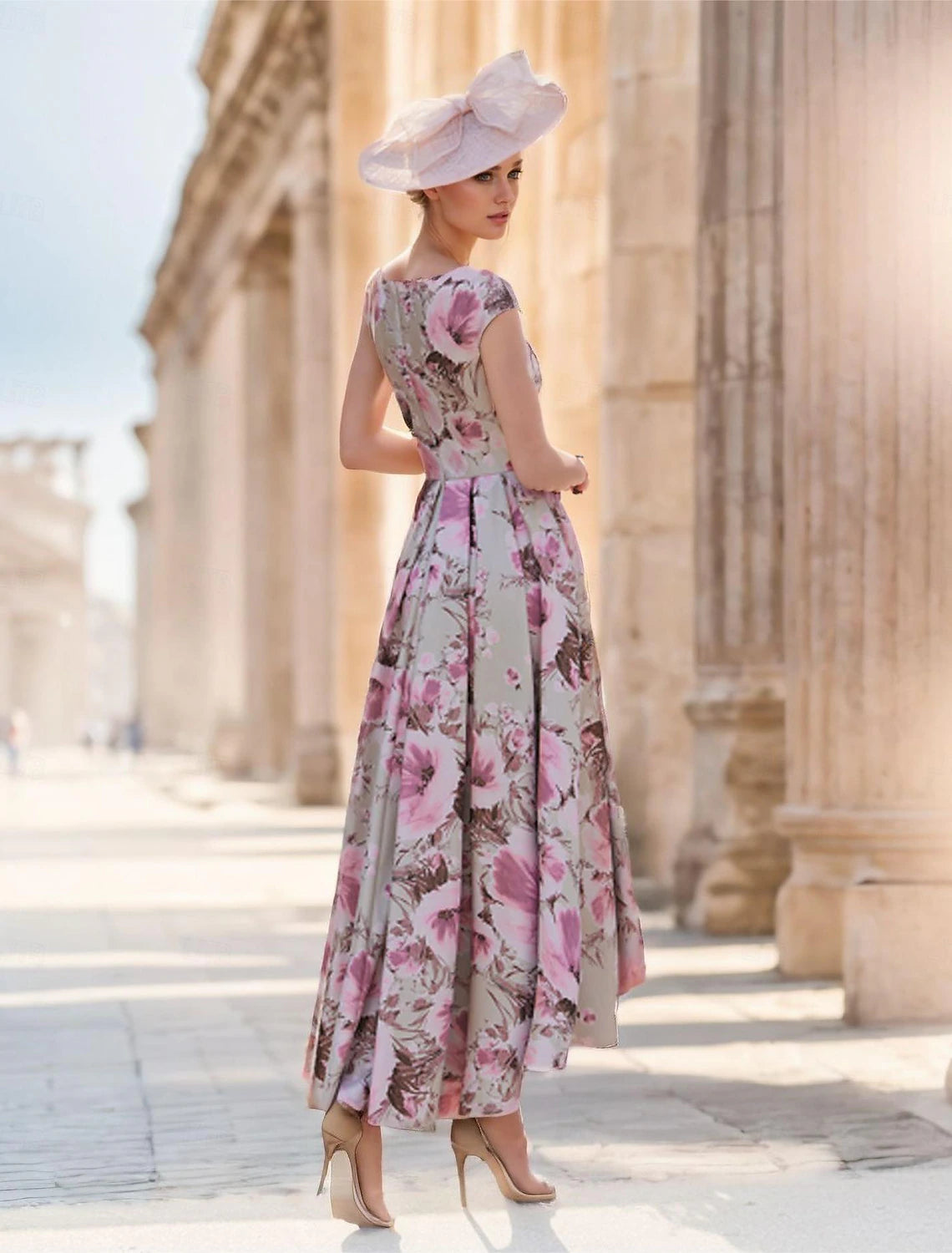 A-Line Mother of the Bride Dress Wedding Guest Elegant Derby Dress Vintage V Neck Ankle Length Satin Polyester Short Sleeve