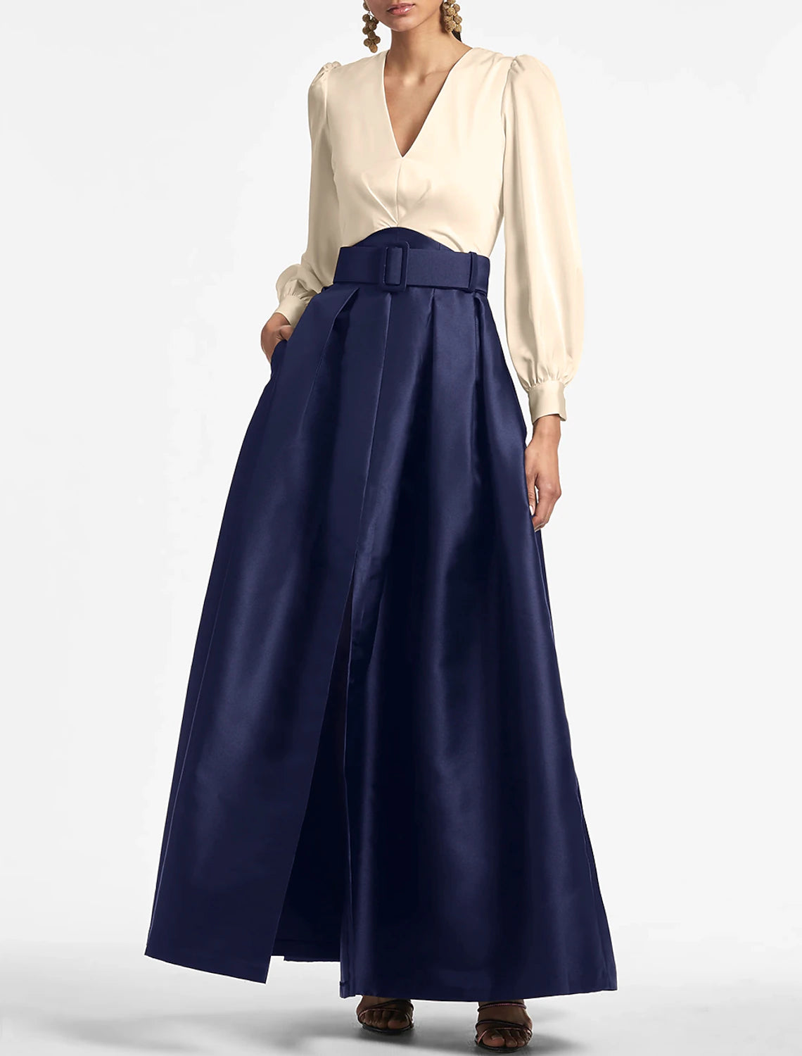 A-Line Evening Gown Party Dress Elegant Dress Formal Wedding Guest Floor Length Short Sleeve V Neck Belt / Sash Satin