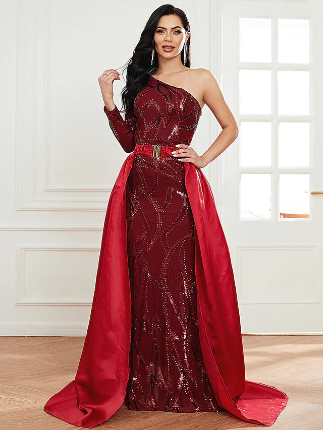 Evening Gown Sexy Dress Formal Court Train Long Sleeve One Shoulder Polyester with Sequin