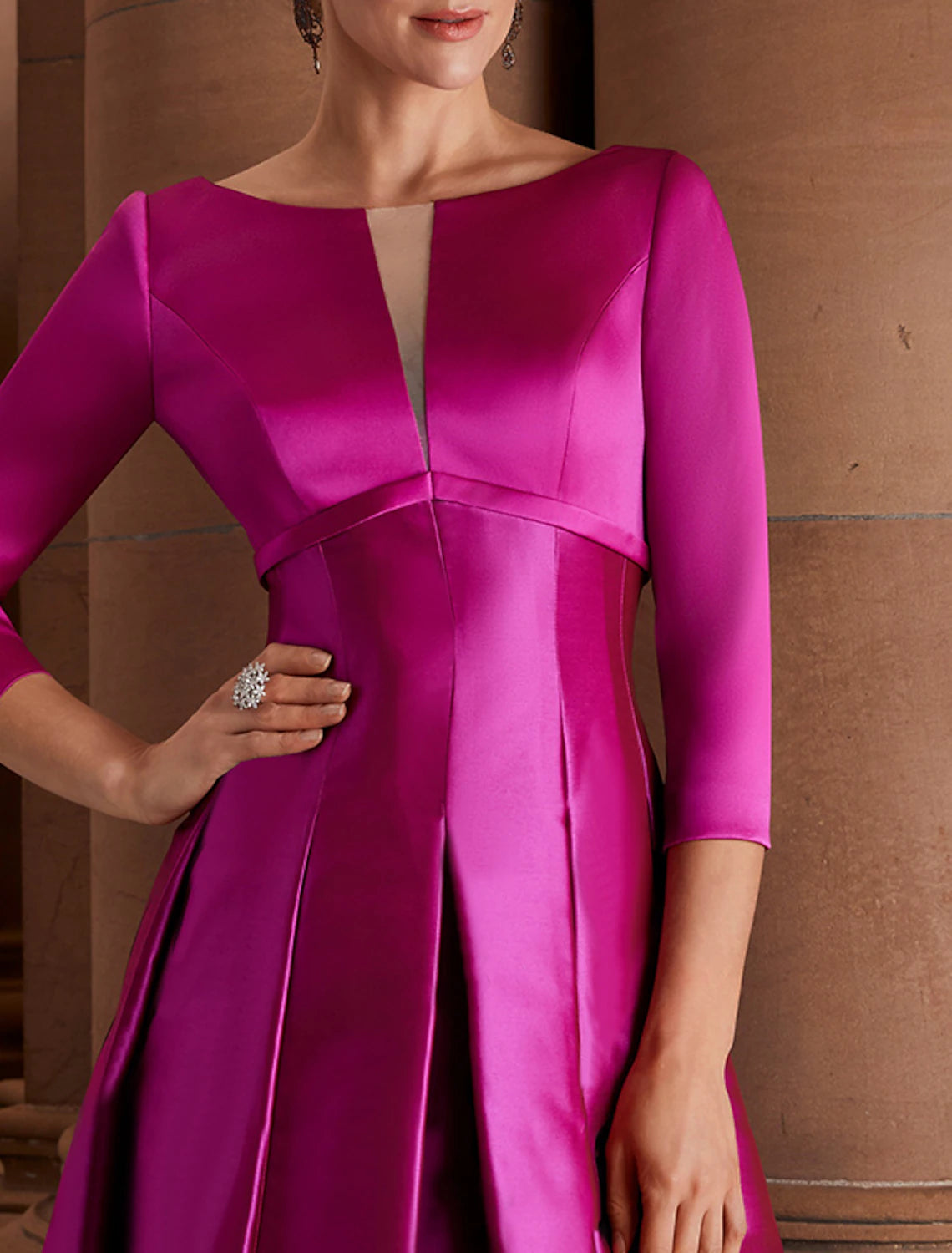 A-Line Cocktail Dresses Minimalist Dress Party Dress Wedding Guest Tea Length 3/4 Length Sleeve Jewel Neck Fall Wedding Guest Satin