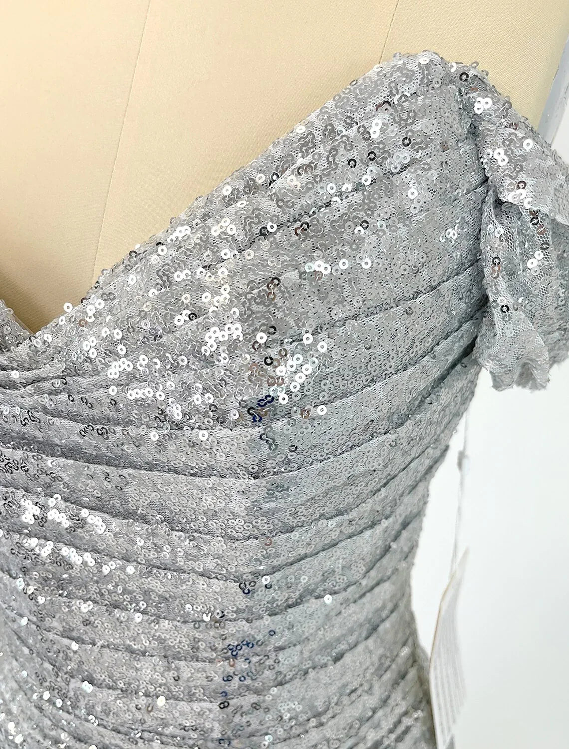 Evening Gown Sparkle & Shine Dress Cocktail Party Floor Length Short Sleeve Off Shoulder Sequined with Ruched