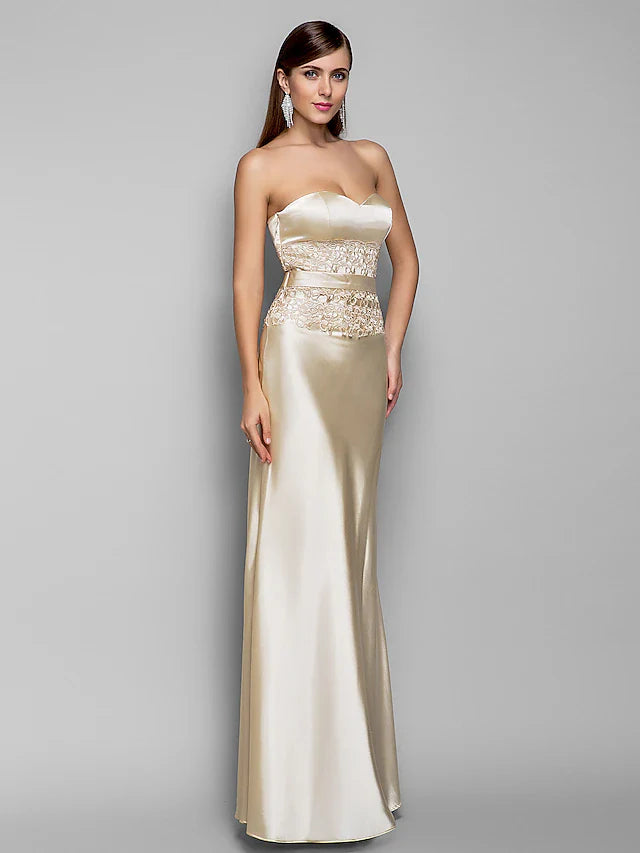 Evening Gown Open Back Dress Wedding Guest Floor Length Sleeveless Sweetheart Stretch Satin with Appliques