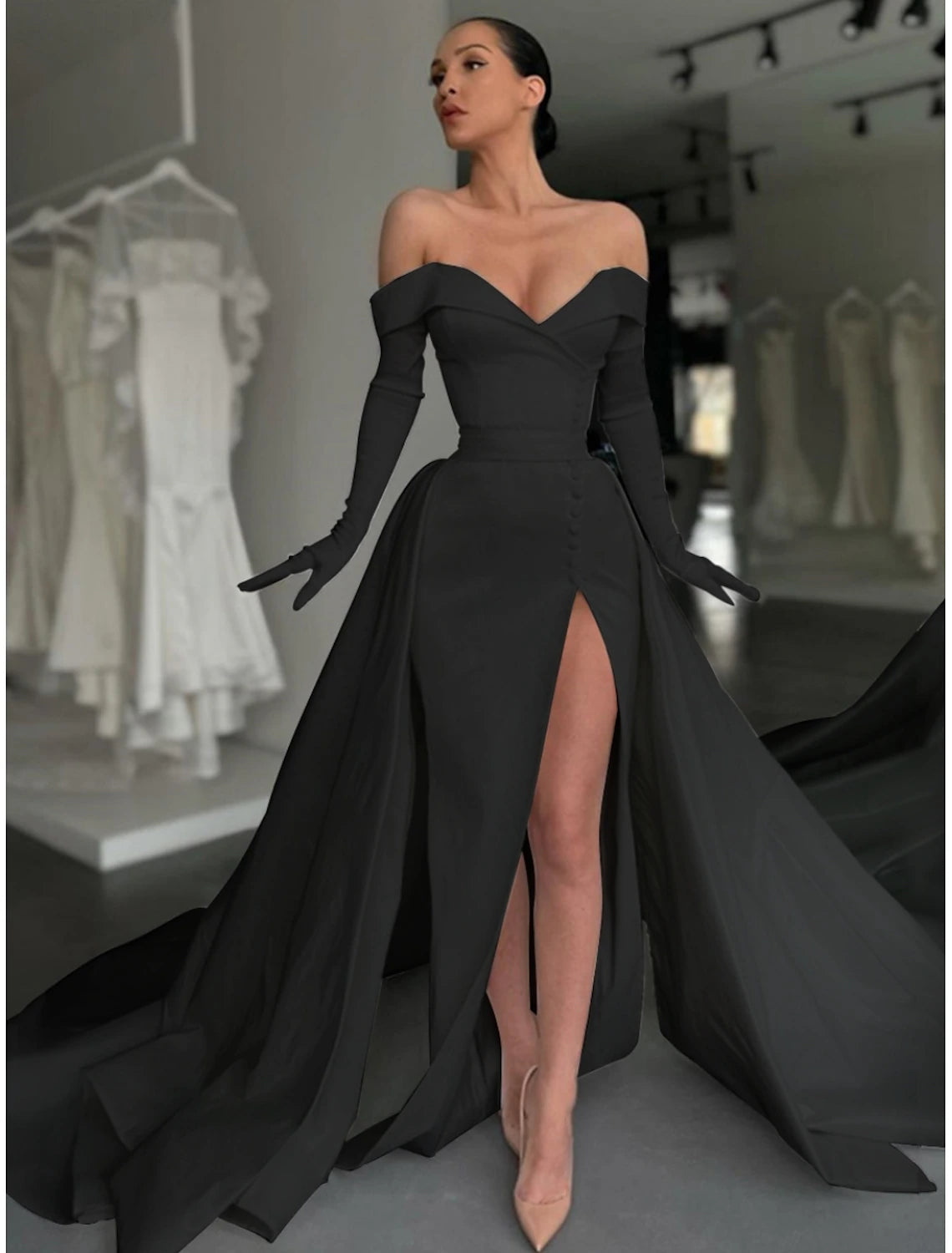 A-Line Evening Gown Elegant Dress Formal Court Train Long Sleeve Off Shoulder Satin