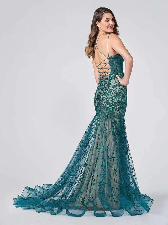 Evening Gown Color Block Dress Formal Court Train Sleeveless Spaghetti Strap Lace Backless with Appliques
