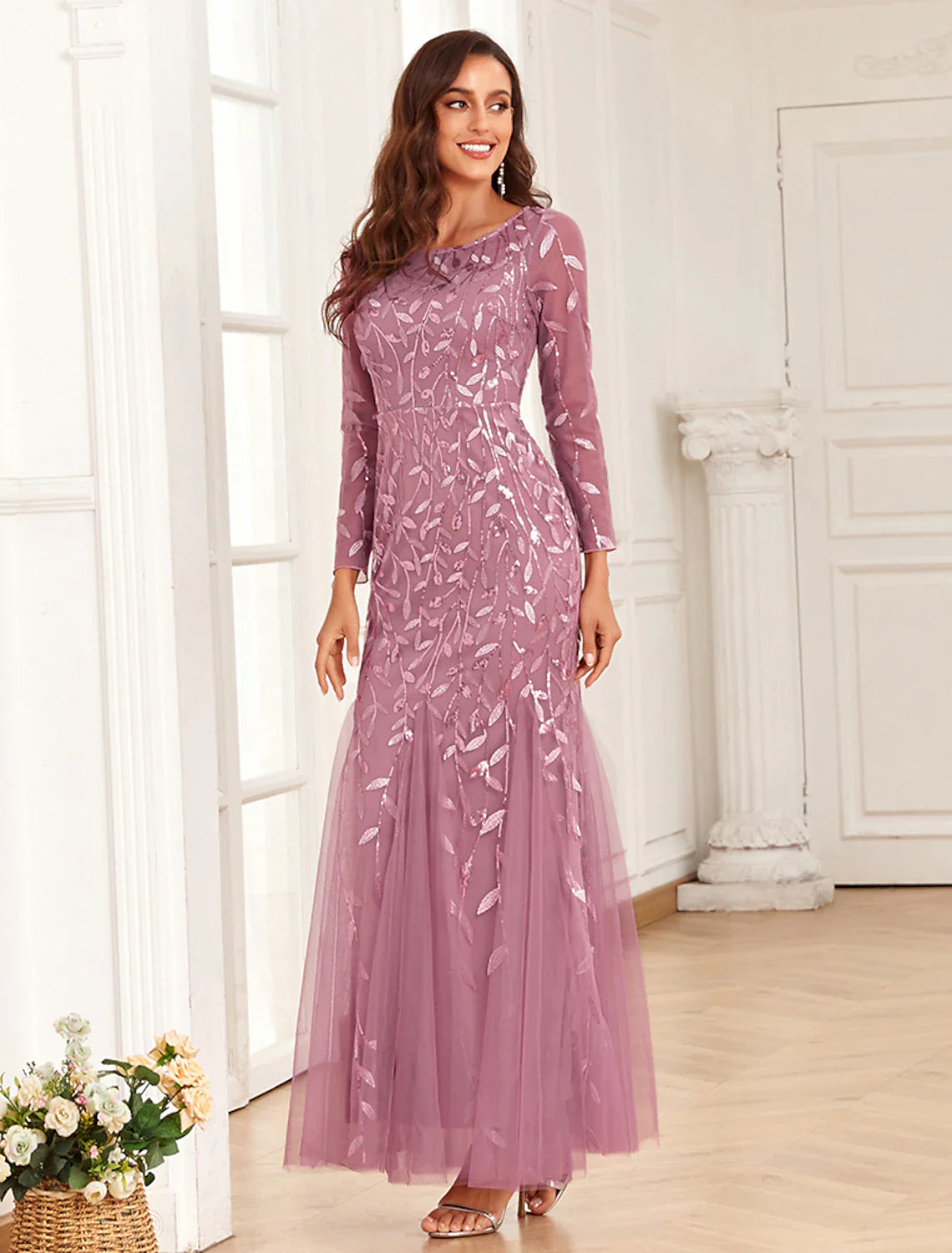 Evening Gown Elegant Dress Prom Floor Length Long Sleeve Jewel Neck Tulle with Embroidery