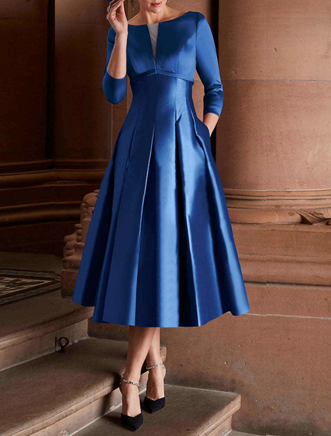 A-Line Cocktail Dresses Minimalist Dress Party Dress Wedding Guest Tea Length 3/4 Length Sleeve Jewel Neck Fall Wedding Guest Satin
