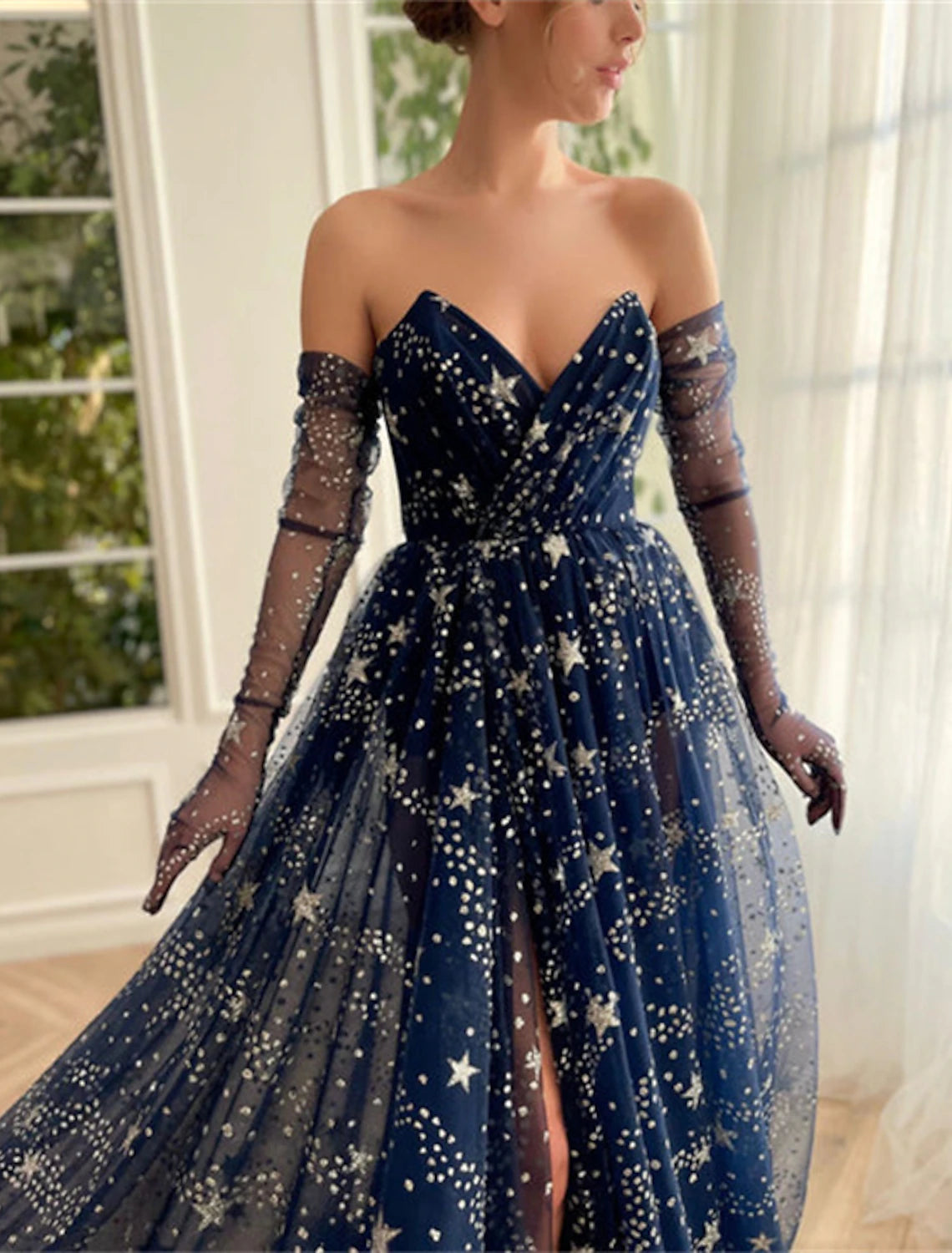 A-Line Evening Dresses Sparkle & Shine Dress Wedding Guest Birthday Sweep / Brush Train Sleeveless Strapless Tulle