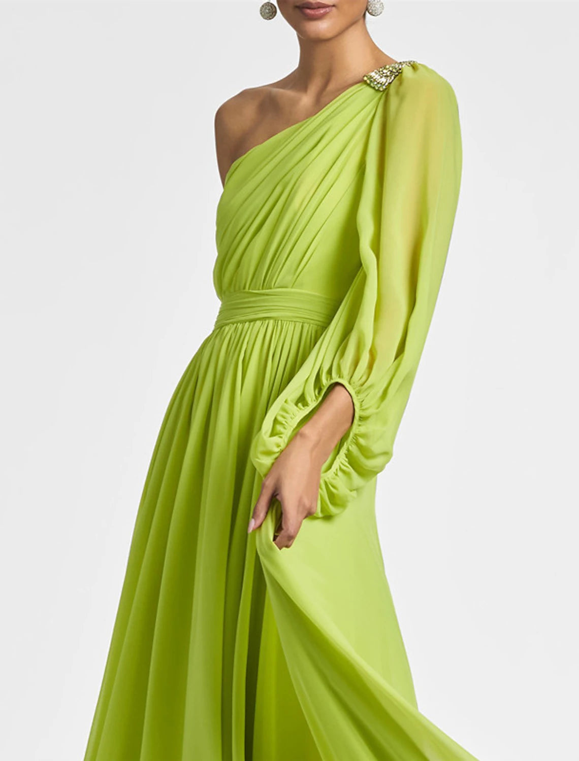A-Line Evening Gown Elegant Dress Formal Wedding Party Floor Length Long Sleeve One Shoulder Fall Wedding Guest Chiffon