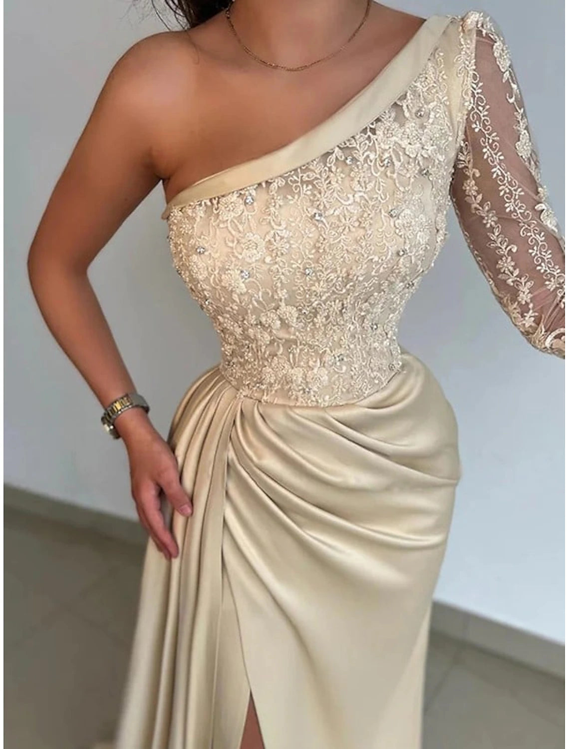 Mermaid Black Dress Evening Gown Hot Dress Formal Wedding Party Sweep / Brush Train Long Sleeve One Shoulder Bridesmaid Dress Satin
