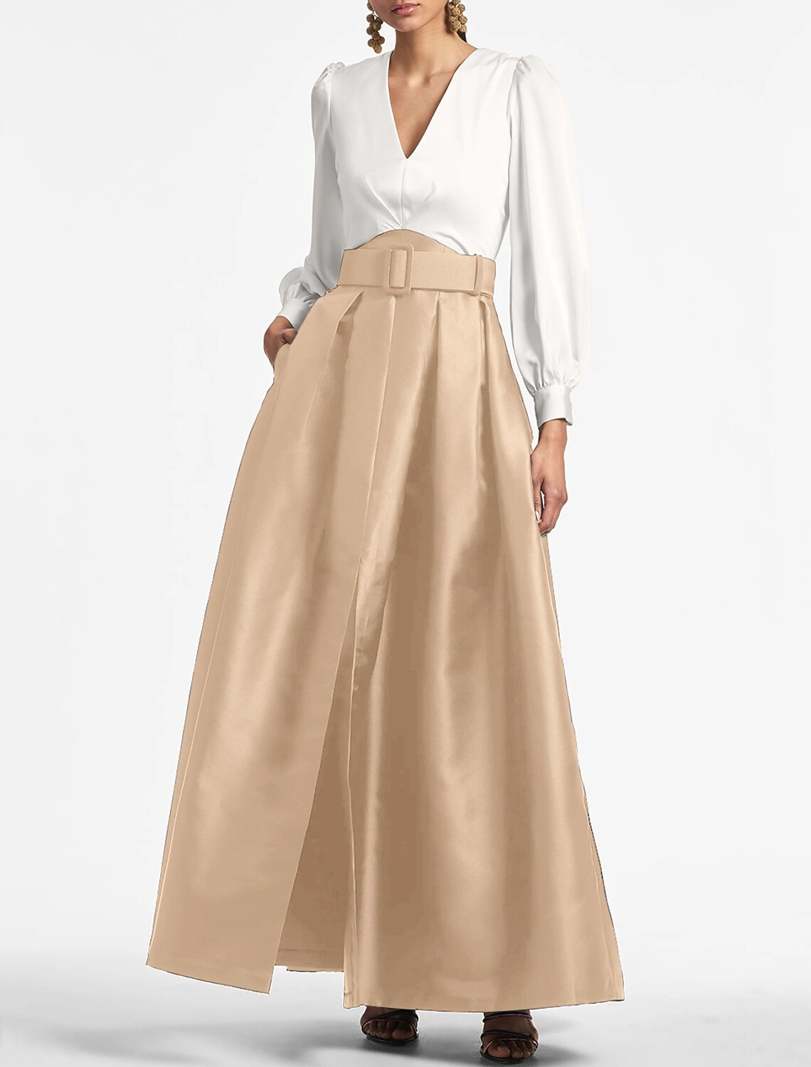 A-Line Evening Gown Party Dress Elegant Dress Formal Wedding Guest Floor Length Short Sleeve V Neck Belt / Sash Satin