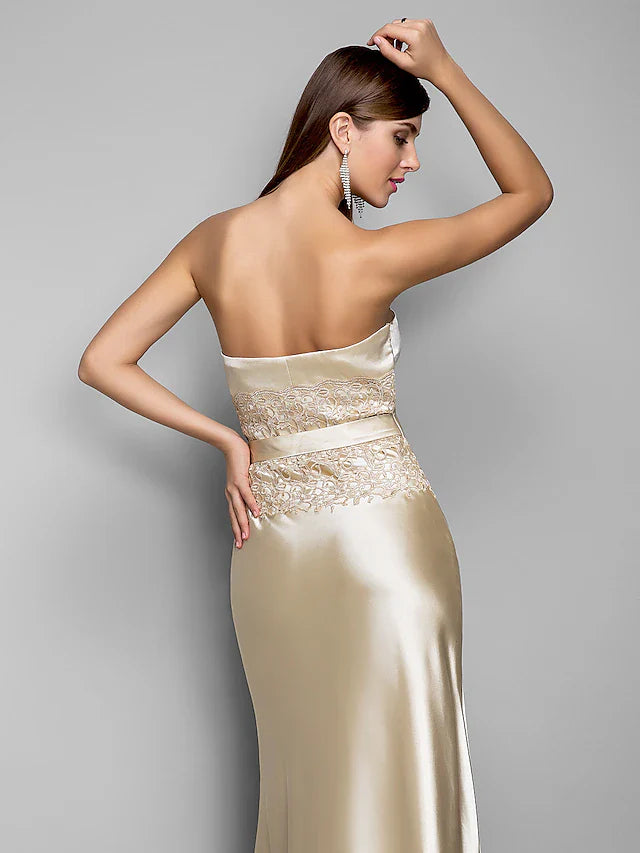 Evening Gown Open Back Dress Wedding Guest Floor Length Sleeveless Sweetheart Stretch Satin with Appliques
