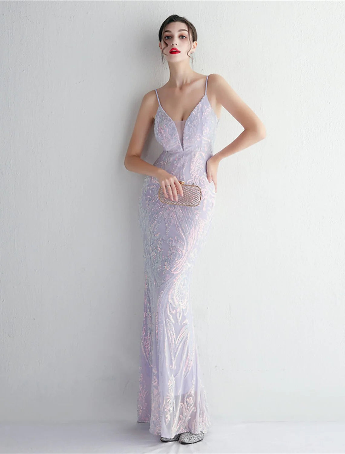 Evening Gown Sparkle & Shine Dress Formal Floor Length Sleeveless Spaghetti Strap Sequined with Sequin