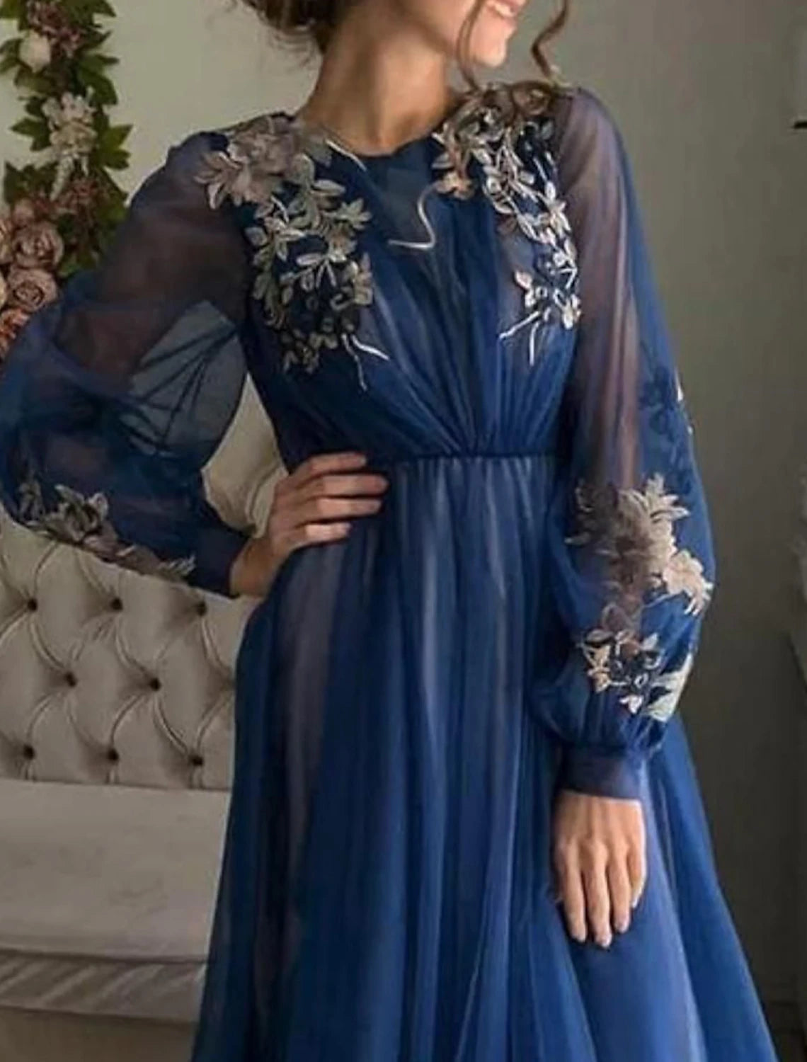 A-Line Evening Gown Floral Dress Wedding Guest Birthday Sweep / Brush Train Long Sleeve Jewel Neck Tulle