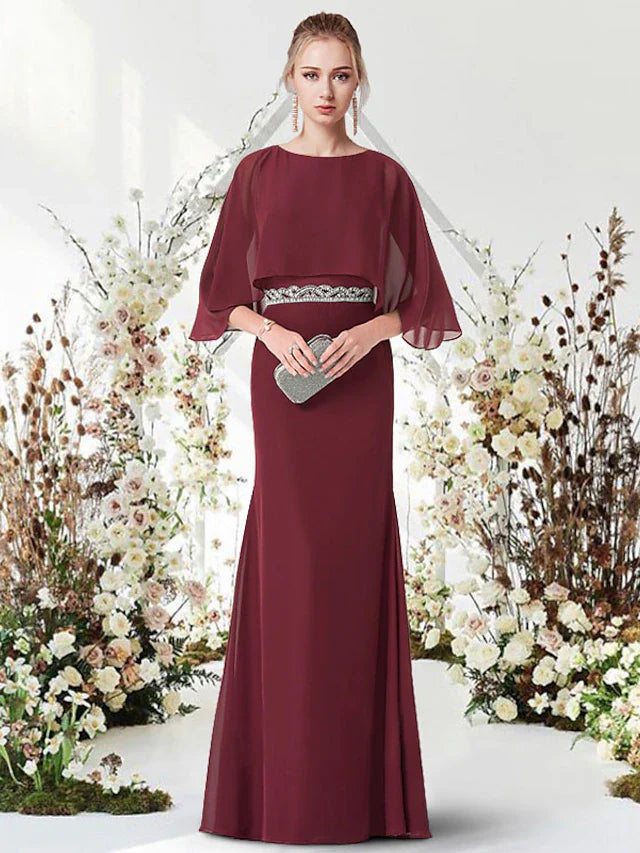 Evening Dress Jewel Neck Half Sleeve Floor Length Chiffon with Sash / Ribbon
