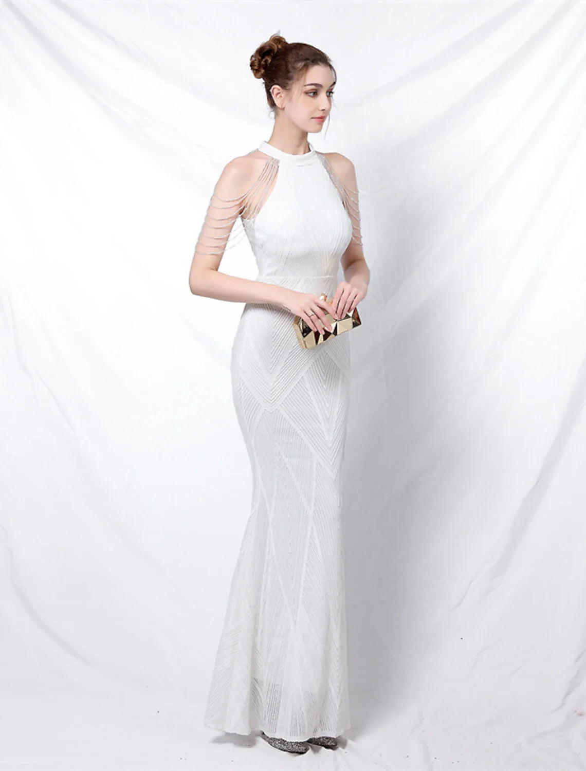 Evening Gown Sparkle & Shine Dress Formal Floor Length Short Sleeve High Neck Sequined Backless with Crystals Sequin