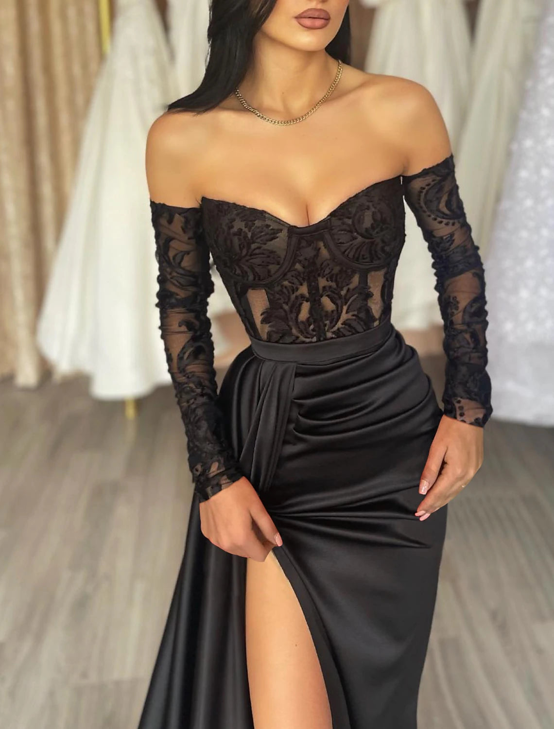 Mermaid Evening Gown See Through Dress Formal Masquerade Floor Length Long Sleeve Off Shoulder Fall Wedding Reception Satin