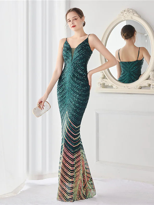 Evening Gown Elegant Dress Wedding Guest Floor Length Sleeveless Spaghetti Strap Sequined V Back with Sequin
