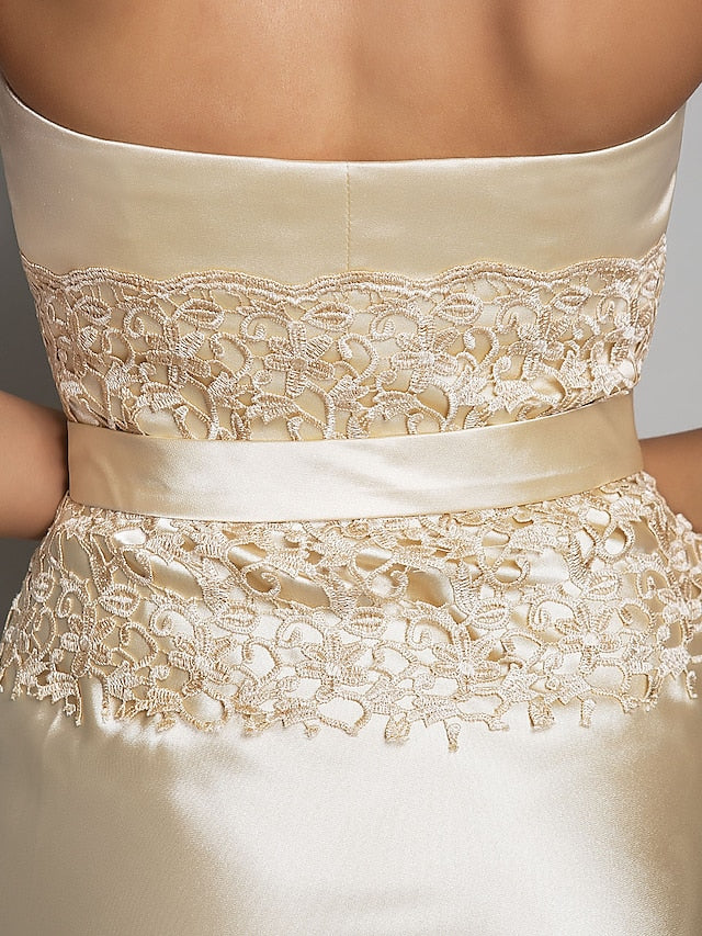 Evening Gown Open Back Dress Wedding Guest Floor Length Sleeveless Sweetheart Stretch Satin with Appliques