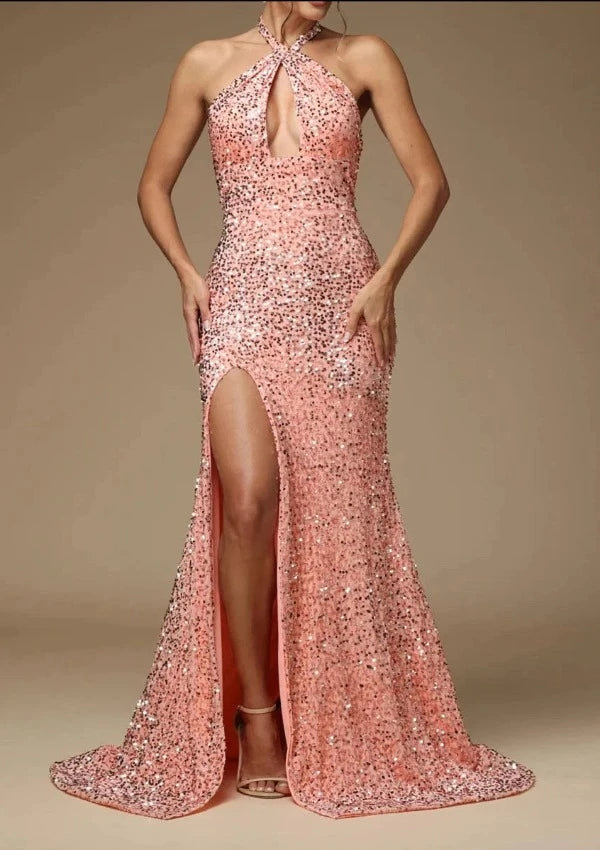 Sheath/Column Halter Floor-Length Long Formal Prom Dresses