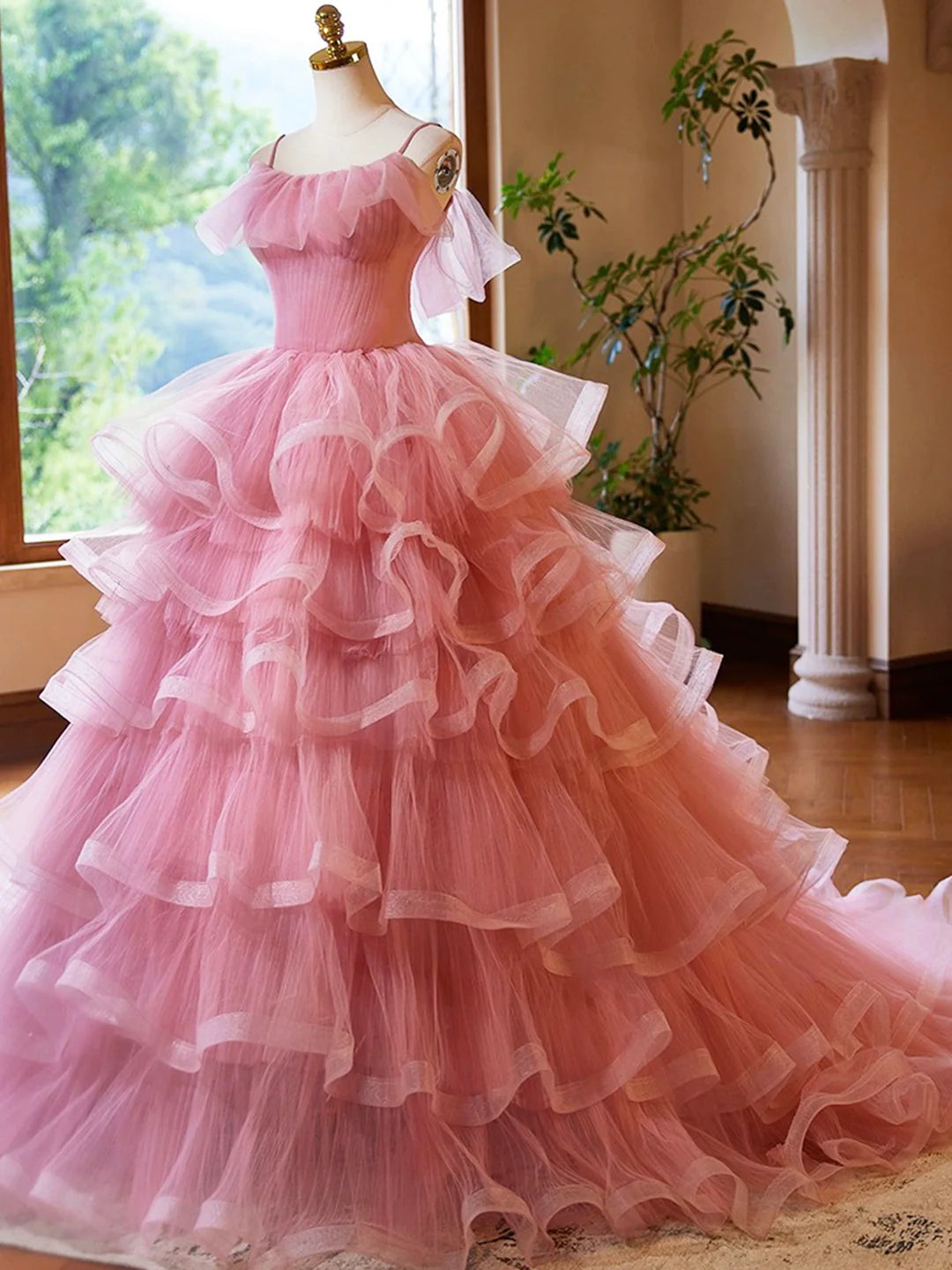 Pink Tulle Layers Long A-Line Prom Dress