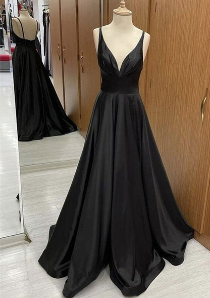 V Neck Sweep Train Satin Prom Dress With Pleated