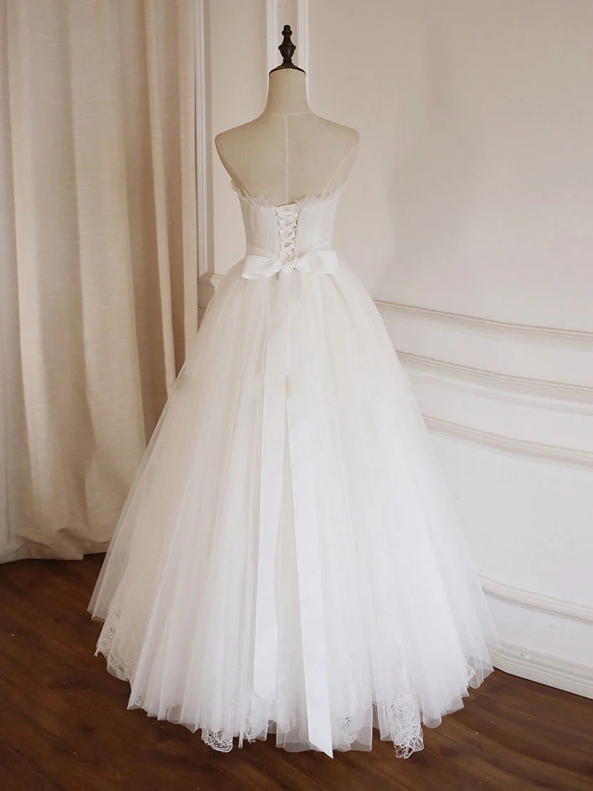 White A-Line Tulle Lace Long Prom Evening Dresses