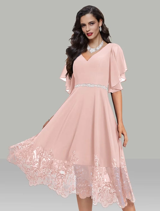 A-Line Wedding Guest Dresses Elegant Dress Cocktail Party Tea Length Short Sleeve V Neck Belt / Sash Chiffon