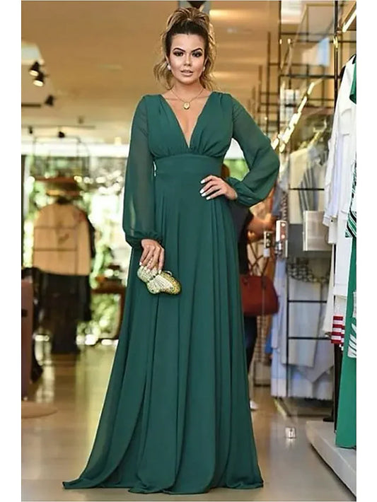 A-Line Plunging Neck Floor Length Chiffon Bridesmaid Dress