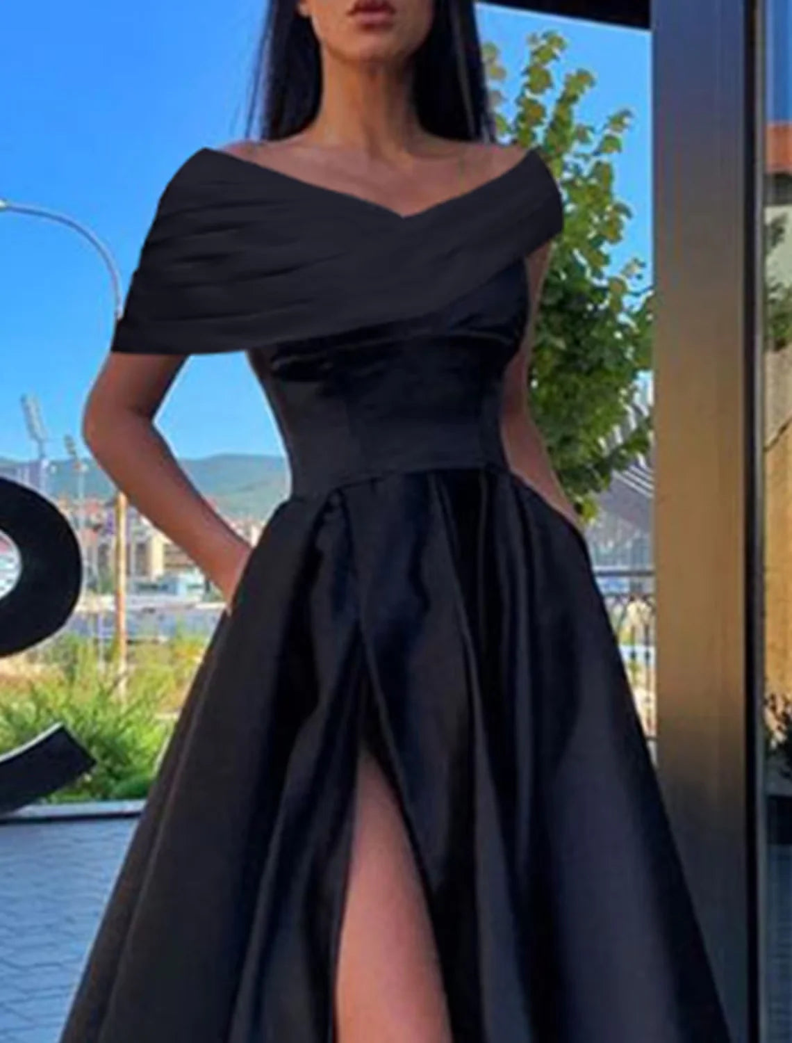 A-Line Prom Dresses Little Black Dress Dress Formal Floor Length Short Sleeve Off Shoulder Satin with Ruched Slit